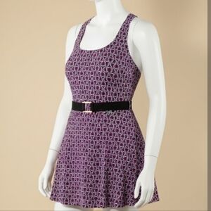 Lands' End Purple Patterned Sleeveless Fit-and-Flare Swim Dress with Black Belt